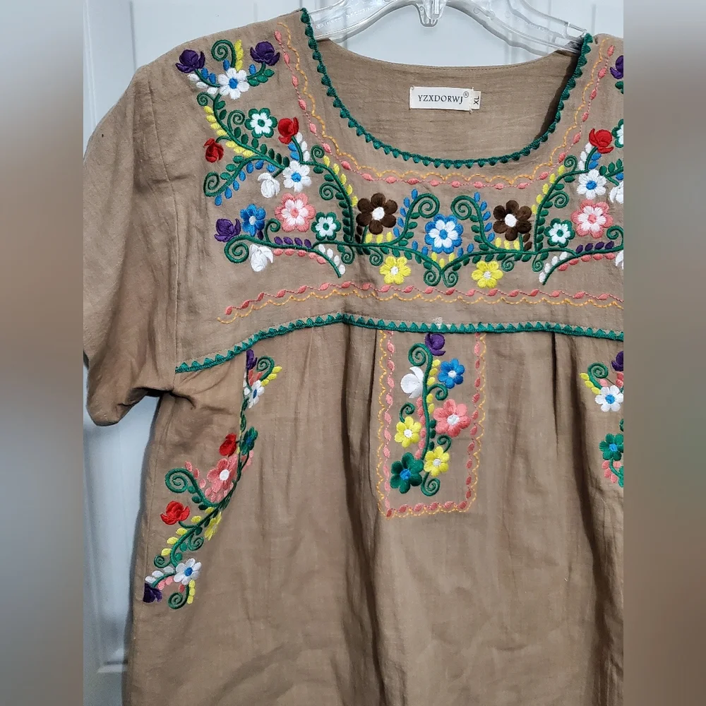 Embroidered Florals Khaki Short Sleeve Peasant top XL NWOT Bohemian YZXDORWJ - Picture 3 of 7